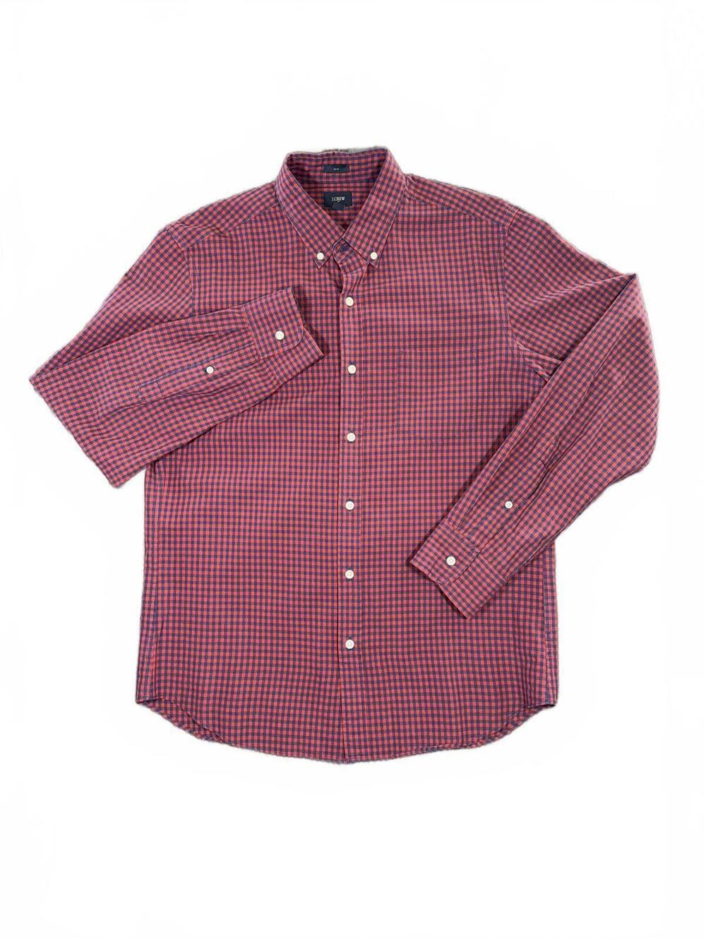 J. Crew Shirt Men's Large Red Navy Gingham Button Down Long Sleeve Slim Fit